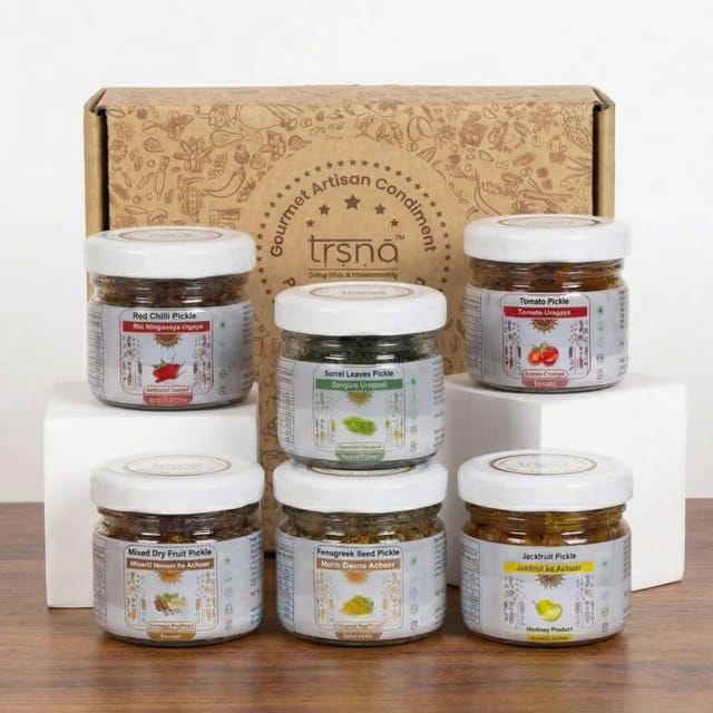 Trsna Trial Pack of 6 Pickle – Bitter Gourd (Karela), Raw Turmeric (Haldi), Lungru, Jackfruit (Fanas)(Kathal)