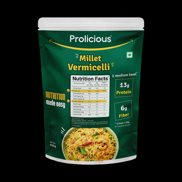 Prolicious Millet Vermicelli 86g Protein & 46g Fibre, Ready in 3 min, No Maida, Protein Packed, Healthy Breakfast