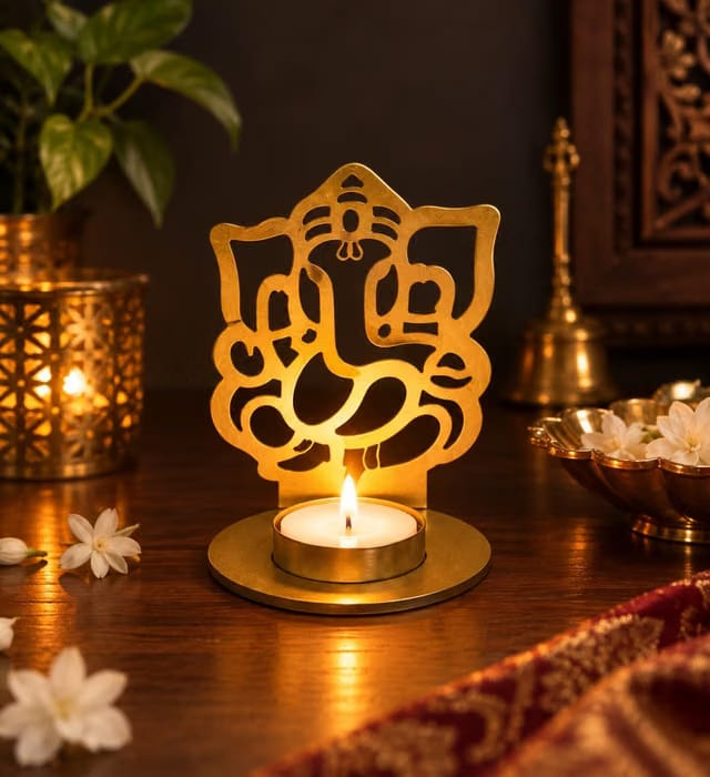 eCraftIndia Golden Lord Ganesha Shadow Tea Light Candle Holder