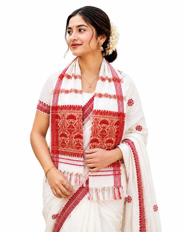 Anakata Assamese Gamosa Red White Traditional