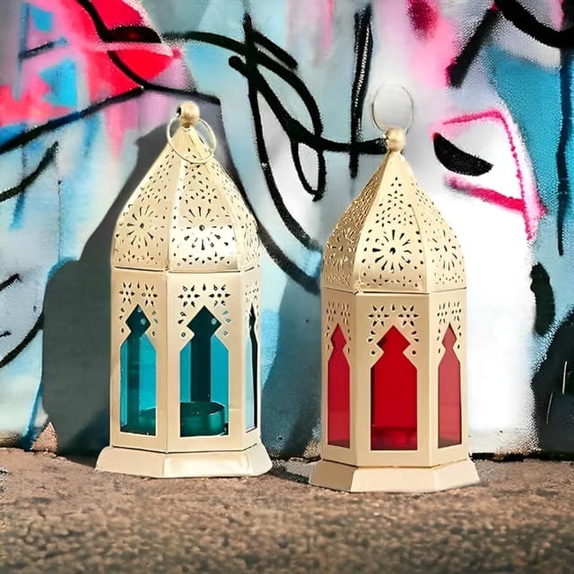 Antique Collection Decorative Moroccan Lantern Set of 2 - Metal Candle Holder with Multicolor Glass Panels for Home