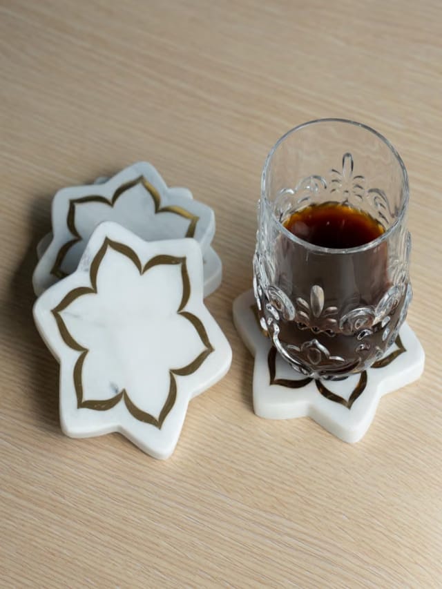 Kay31 White Marble Star Coasters with Brass Inlay, Set of 4, Handcrafted, 4.25 x 3 Inches
