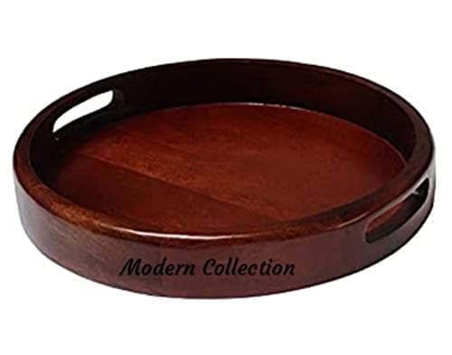 Handmade Round Wooden Serving Tray for Dining Table & Home Kitchen (Size-12inch) (Dark Brown)