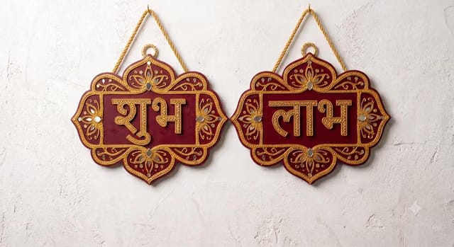 Handcrafted Wooden Shubh Labh Wall Hanging Maroon & Gold Set of 2