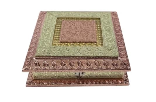 KALICO Decorative Dry Fruit Box with Embossed Design, 20x20x6 cm, Copper and Gold Finish, 4 Compartments