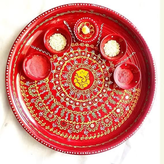 P.A.Decorative Handwork Ganeshaji Steel Aarti Pooja Thali Set/Haldi Kumkum Plates with 5 Diya/Diwali Puja Plate.[12
