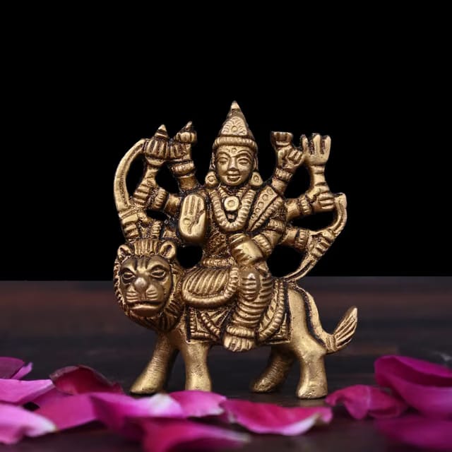 Vintage Gulley Brass Mini Maa Durga Idol Sitting on Lion