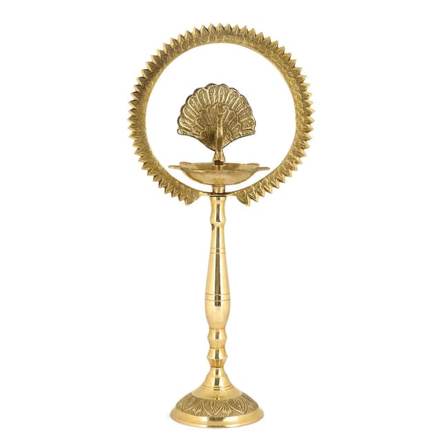 9 Inch Brass Peacock Diya with Crown