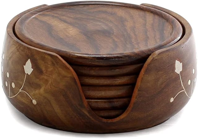 MBN Crafts Handcrafted Wooden Coaster Set with Holder, 6 Round Coasters, Floral Inlay Design, Dark Brown