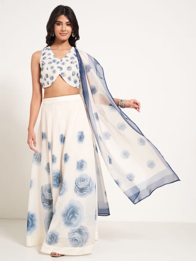 Floral Printed V-Neck Lehenga With Choli & Dupatta