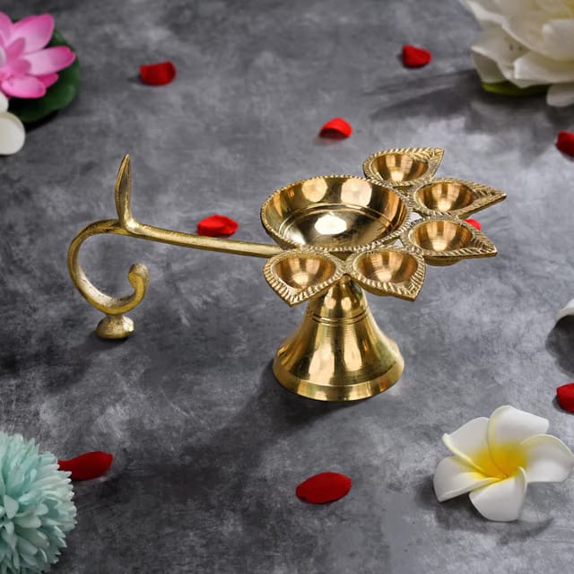 Handmade Brass Panchmukhi Batti Panch Aarti Jyot Deep Pure Brass Five Face Diya Deepak Pooja Lamp Big Handle for Puja