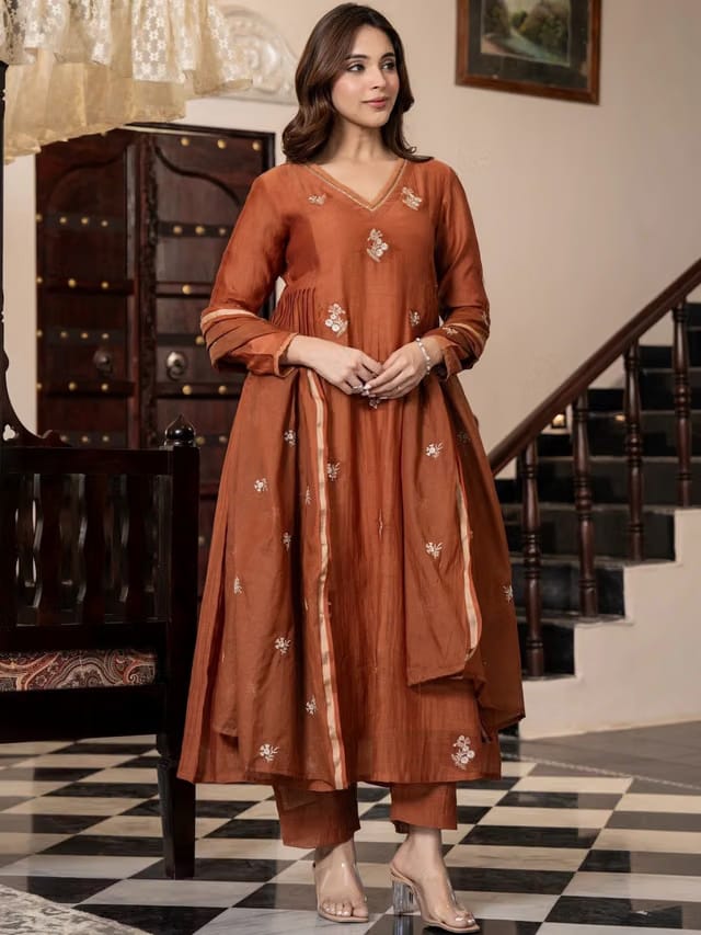 Women Ethnic Motifs Embroidered Panelled Thread Work Pure Cotton Kurta with Trousers & With Dupatta