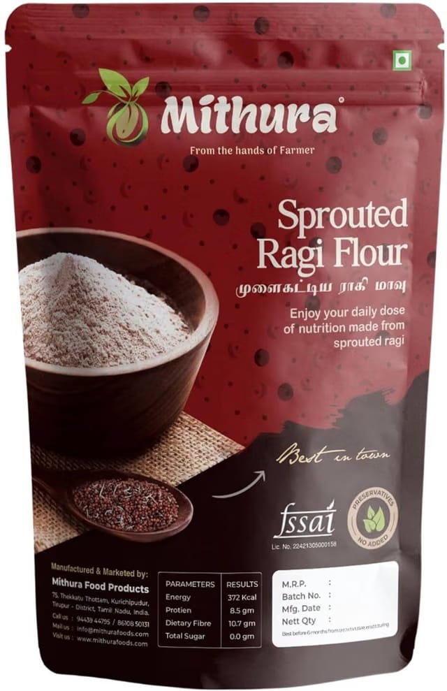 MITHURA Sprouted Ragi Flour, Ragi Cereal - Zero Sugar, No Preservative, No Added salt