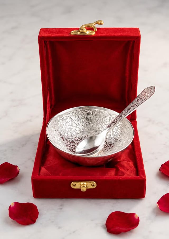 Silver World Gift German Silver Plated Engraved Bowl and Spoon Set with Red Velvet Box