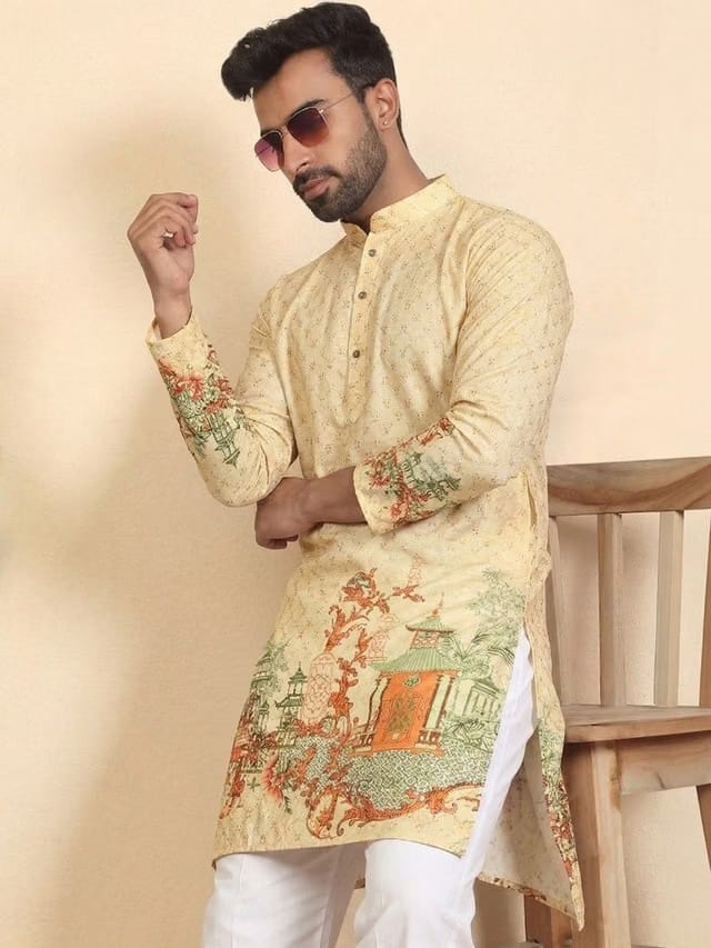 Dincharya Men Ethnic Motifs Printed Sequinned Floral Kurta