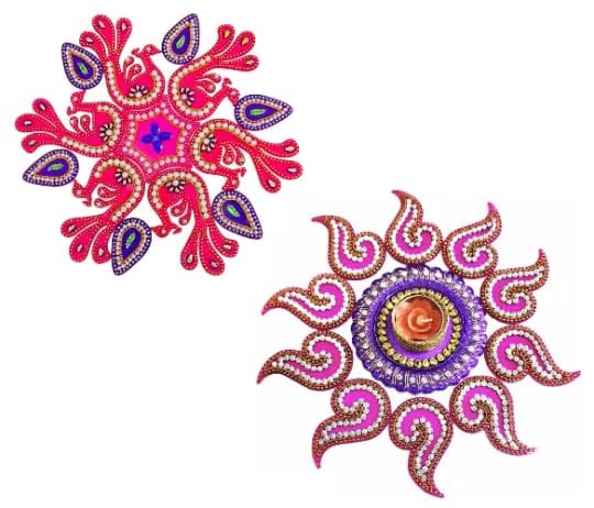 Set of 2 Readymade Acrylic Rangoli Multicolour Small Handicraft Jewel Stone DecorationsPink & Purple
