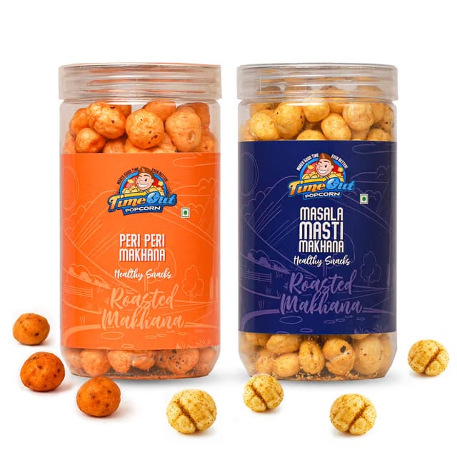 Time Out Popcorn Masala Masti & Peri Peri Roasted Makhana 70g Each, Crunchy Foxnuts, Healthy Snacks
