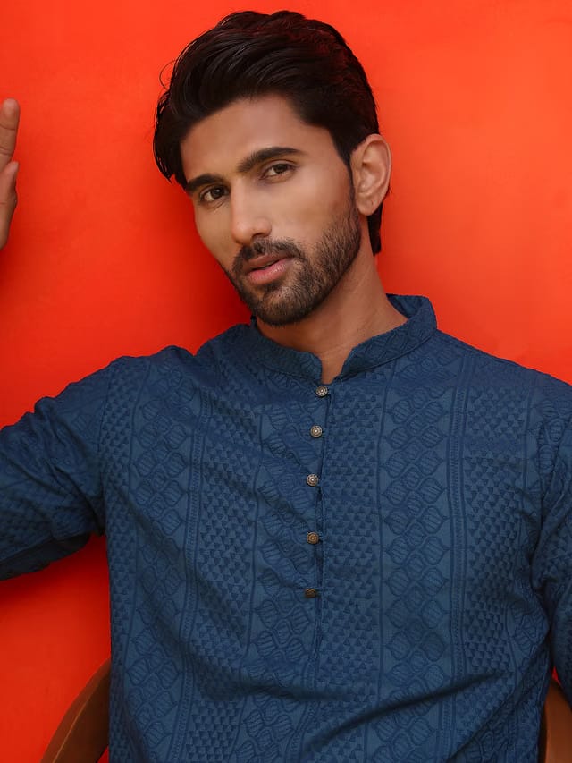 Jompers Geometric Embroidered Mandarin Collar Chikankari Pure Cotton Straight Kurta