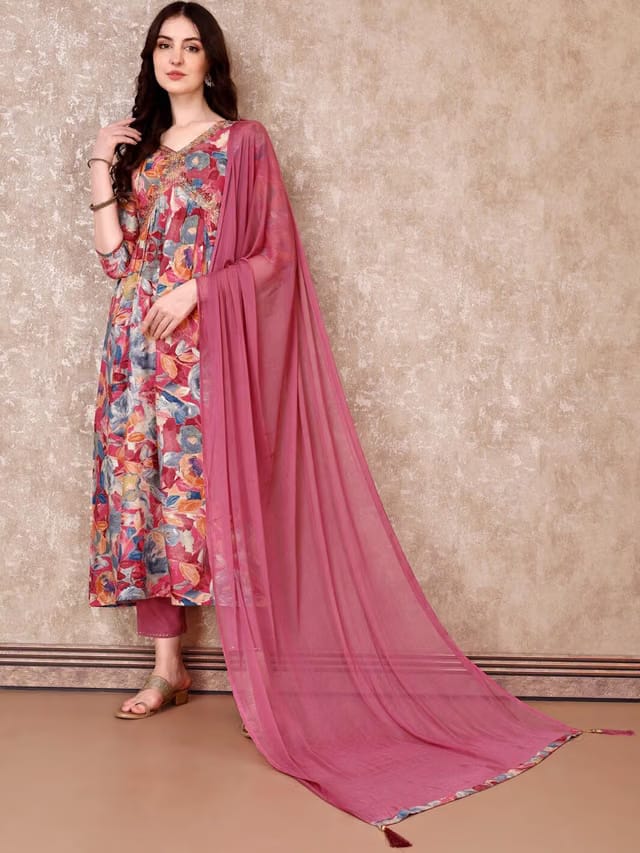 Floral Printed Regular Thread Work Anarkali Kurta With Trousers & Dupatta