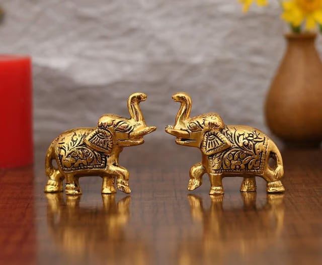 LABHCART Metal Elephant Pair Statue-Decorative Brass Elephant Action Showpieces(7.5X2.5X5.5 Cm)For Elegant Home Decor