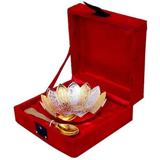 Elegant German Silver Bowl and Spoon Set with Luxurious Red Velvet Box Perfect for Gifting and Collecting (Silver Gold