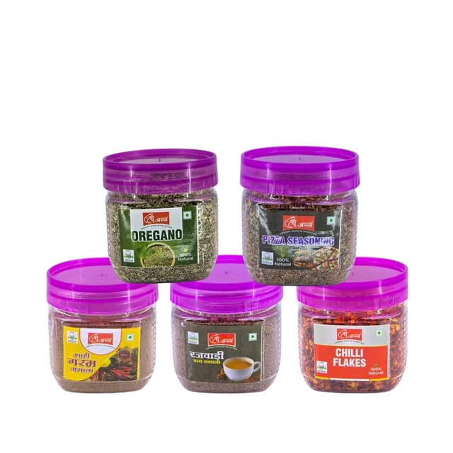 Rajasthani Shree Ann 5-Piece Indian Spice Set, Oregano, Pizza Seasoning, Chilli Flakes, Tea Masala, Garam Masala