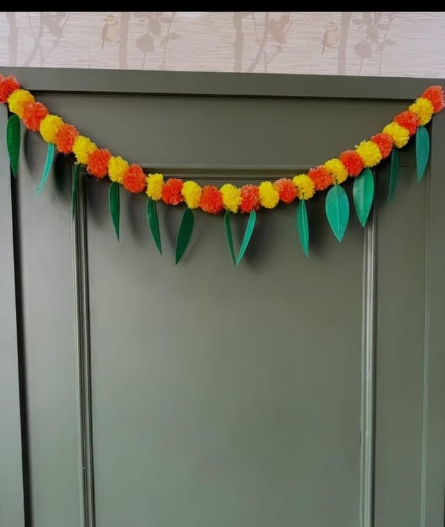 Creative Homes by Arohyi Yellow & Red Artificial Marigold toran for Door with Mango Leaves