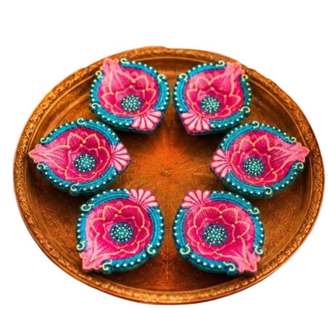 Handcrafted Lotus Clay Diyas for Diwali Decoration (Set of 7) – Designer Hand-Painted Terracotta Deepawali Oil Lamps for