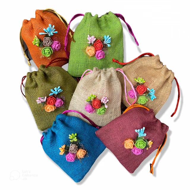 Unisex Colored Jute Potli With Multicolour Flower Jute Linen Potlis