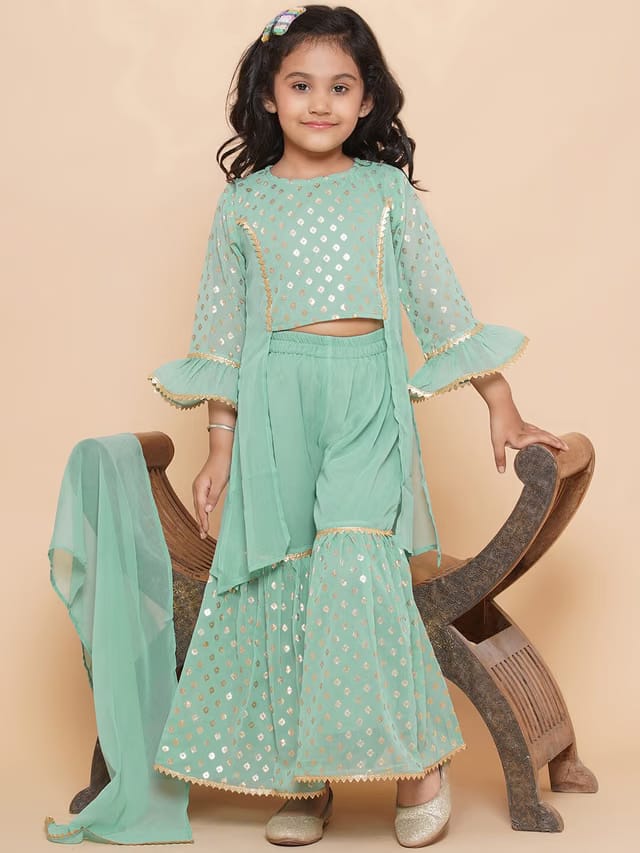 Girls Ethnic Motifs Printed Gotta Patti Georgette Kurta & Sharara Dupatta Set