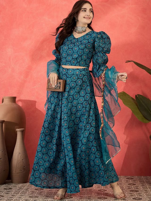 Sangria Digital Printed Puff Sleeves Lehenga With Choli & Dupatta