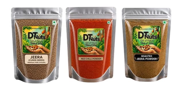 DT Nuts Jeera, Red Chilli Powder and Roasted Cumin Powder, 250g Each