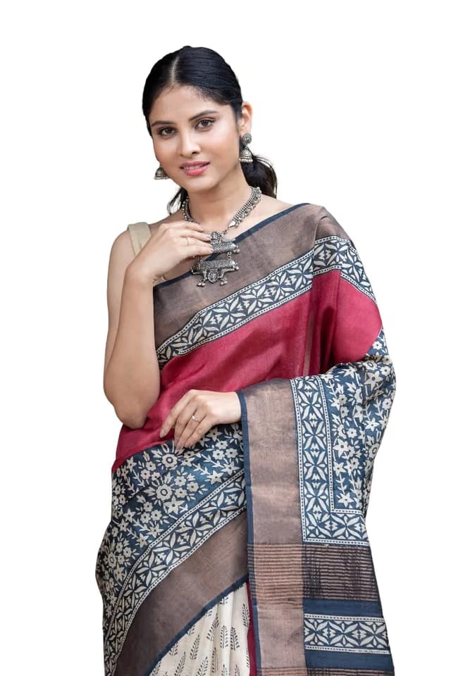 Present By Women's Floral Elegance Tussar Silk Digital Printed Saree with Matching Blouse Peice