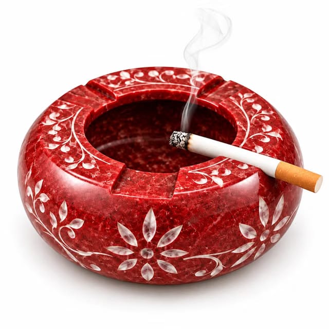Red Marble Ashtray with Floral Inlay Design, Round