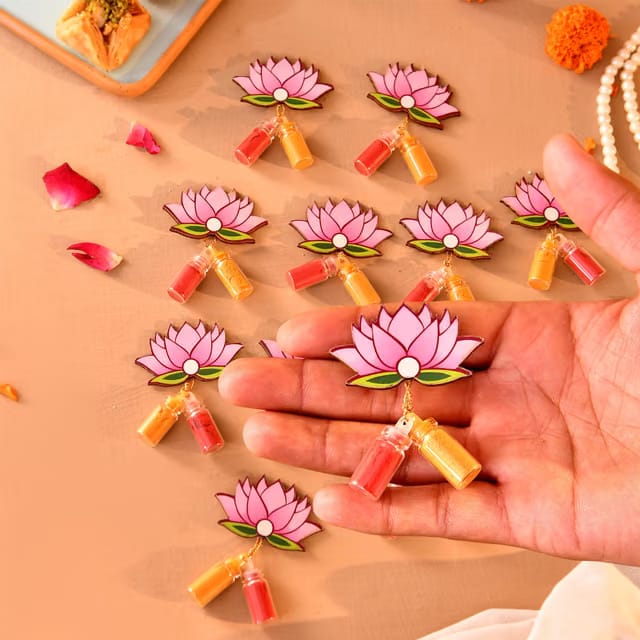 Ascension Lotus Design Shape Haldi Kumkum Combo Set, Haldi Pusupu Kumkum Dome Glass Bottle Gift Set Return Gifts for