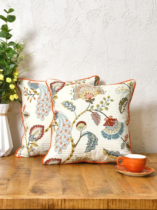 Clasiko Cotton Cushion Covers Set of 2; 16x16 Inches; Multicolor Peacock