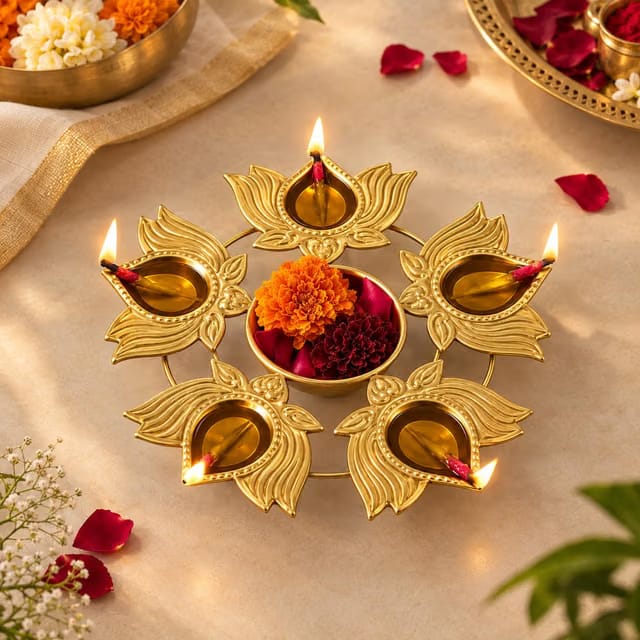 5 Lotus Diya Urli Bowl Metal Decorative Oil Lamp for Home Decor, Floating Diya Holder with Flower Center Bowl