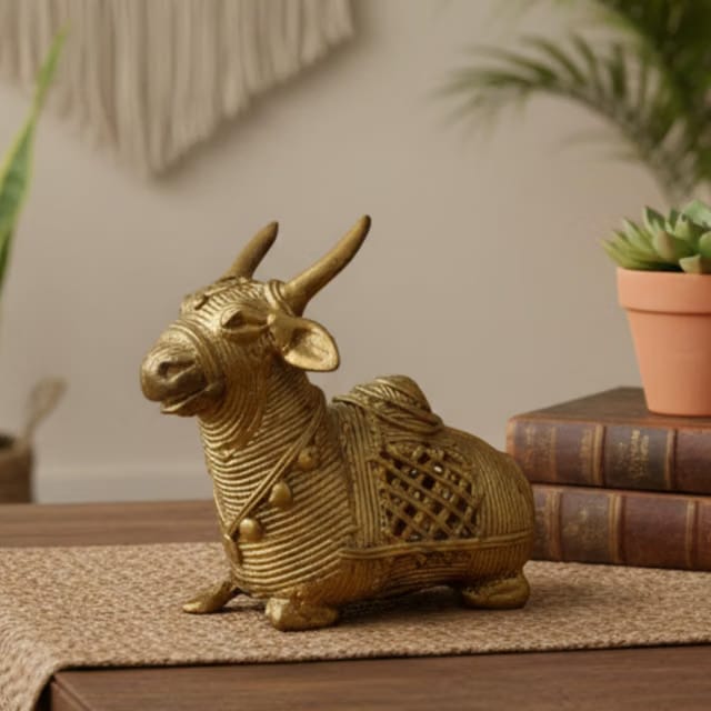 Brass Dhokra Bull Figurine, Handcrafted Tribal Metal Showpiece, Traditional Indian Art Home Decor, Gold Finish