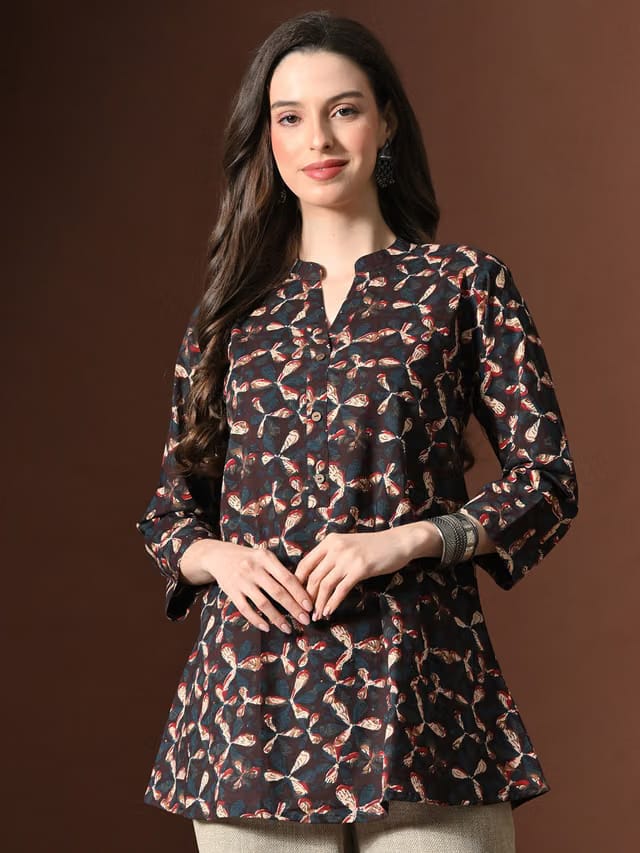 INDIANIC Women Madarin Collar Printed Pure Cotton Kurti