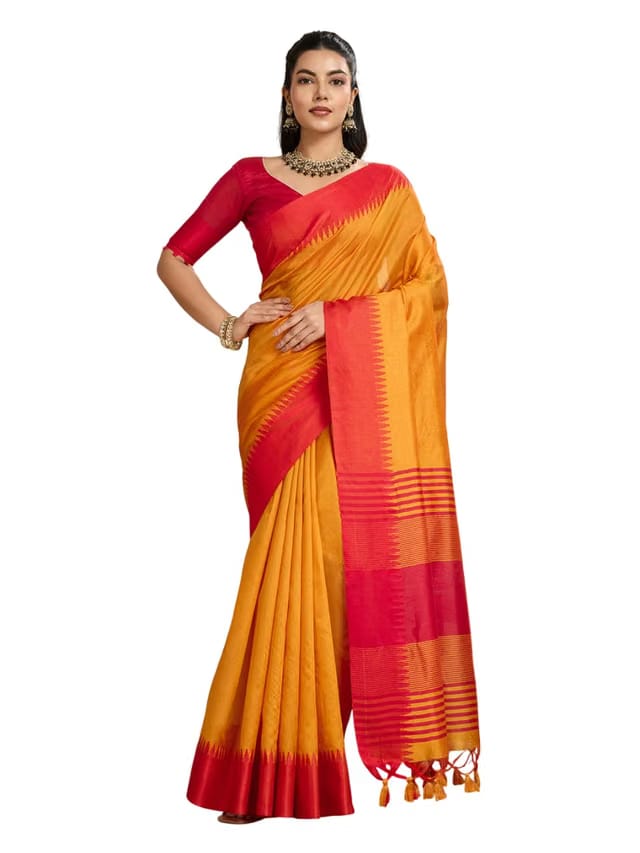 Semi Plain Ghicha Tussar Silk Saree With Temple Border And Contrast Pallu With Blouse Piece