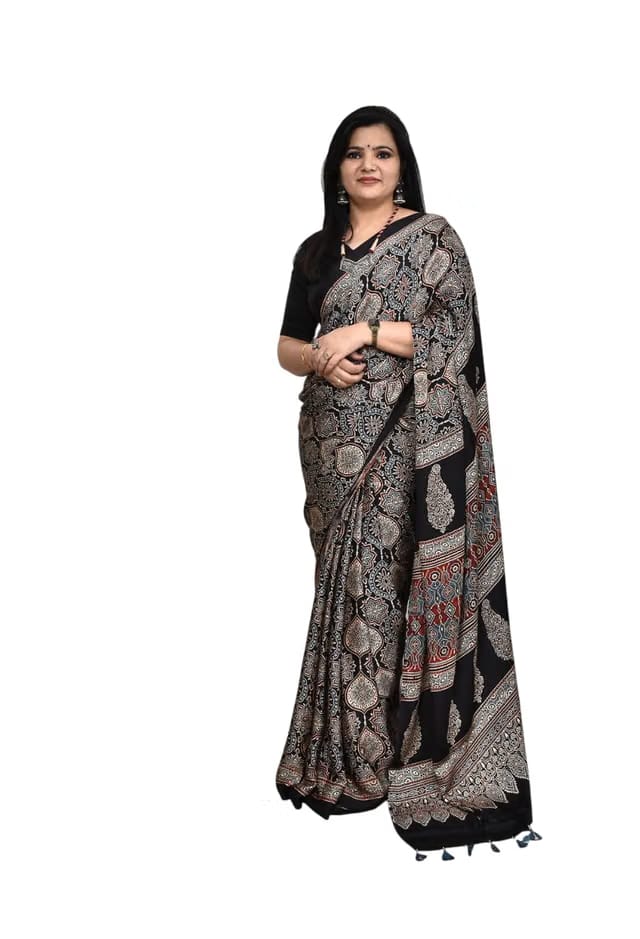 Dola Silk Ajrakh Patola Saree Extraodinary Traditional Printed Designer Pallu Attach Blouse Piece