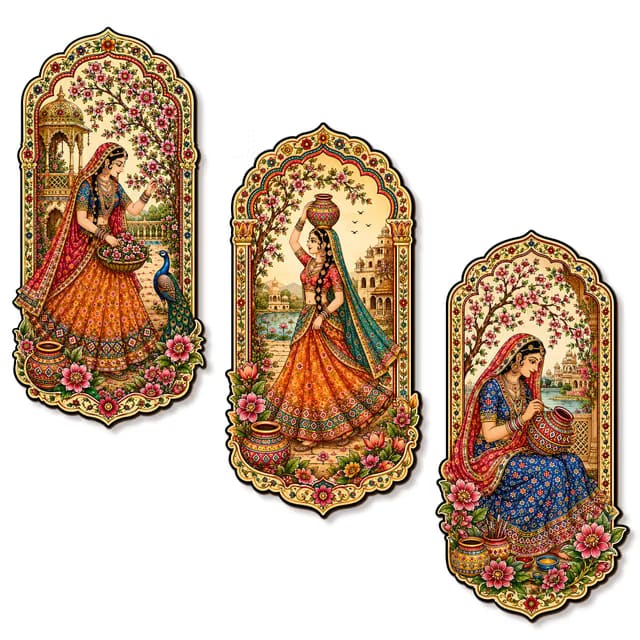 Regalo Casila Luxury Madhubani Painting Rajasthani Woman Village Life Floral MDF Wall Decor 3 Pcs Set Traditional Indian