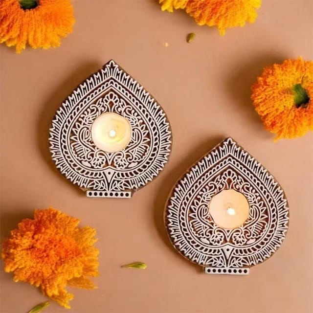 Ascension 2 Wooden Betel Leaf Shaped Tea Light Candle Holder Handmade Wooden Block Print Tlight for Diwali Decoration