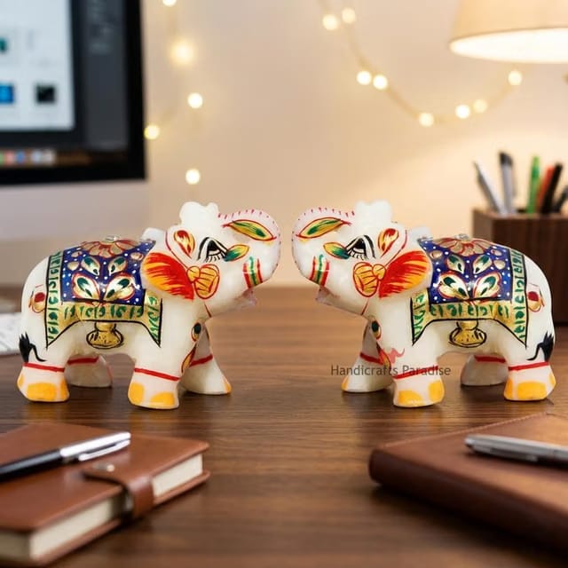 Handicrafts Paradise Pair of Marble Elephant (2.5 x 2 inch) Showpiece for Home and Office Decor Positive Vaastu Energy