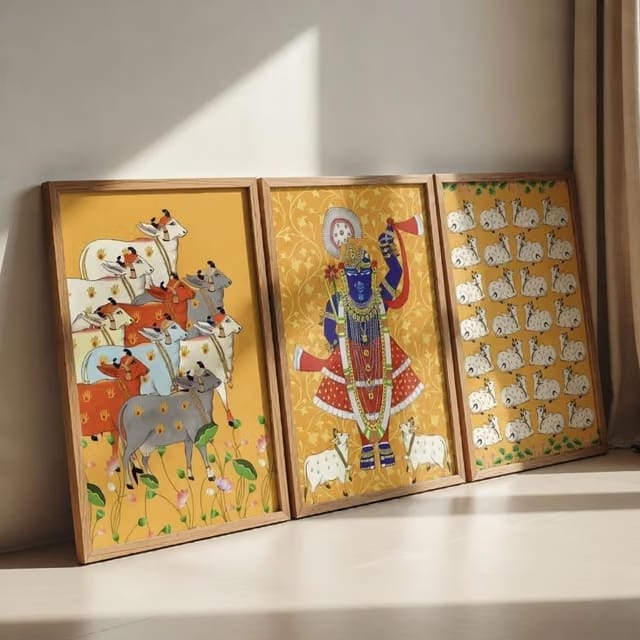 Livin’luxe Set of 3 Krishna Pichwai Wall Art Premium MDF Wooden Color Framed HD UV Printed Traditional Indian Religious