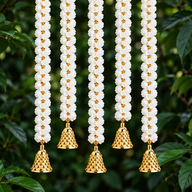 Schaplet (2 ft Pack of 2) Artificial Flower Garland Jasmine Gold Bell Toran for Main Door and Pooja Decoration Items