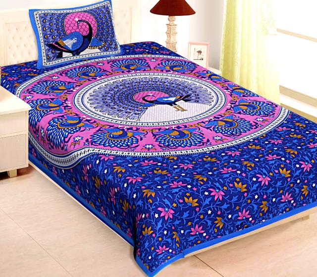 100% Cotton Jaipuri Traditional Bedsheet - Peacock Design (Single, Blue)