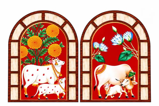 JIVAY Traditional Pichwai Cow & Calf Wall Painting Set of 2