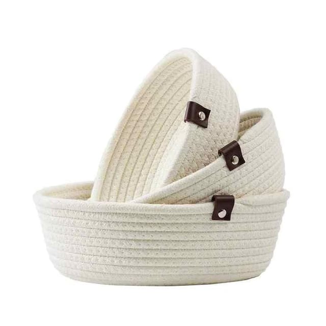 Jute Storage Baskets, Natural Handwoven Round Nesting Bowls with Leather Tabs, Set of 3, Small Medium Large (white)