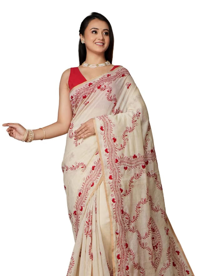 Beige Cotton Silk Saree With Elegant Blue Kantha Stitch Design And Running Blouse Piece –Traditional Handloom Sari